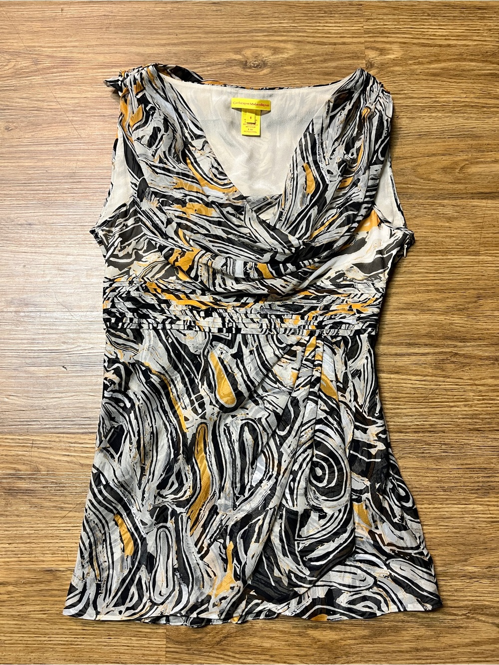 Catherine Malandrino 100% Silk Abstract Draped Cowl Neck Blouse Size 4